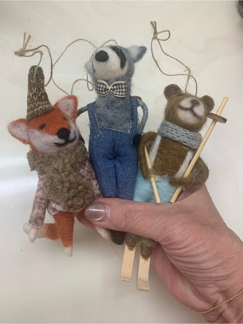 Wool Felt Animal Ornaments - Fox, Skiing Bear, and Raccoon